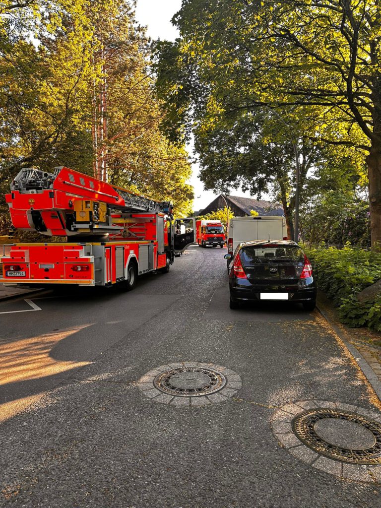 Foto von der Einsatzstelle. Zu sehen sind eine Drehleiter und ein Gerätewagen