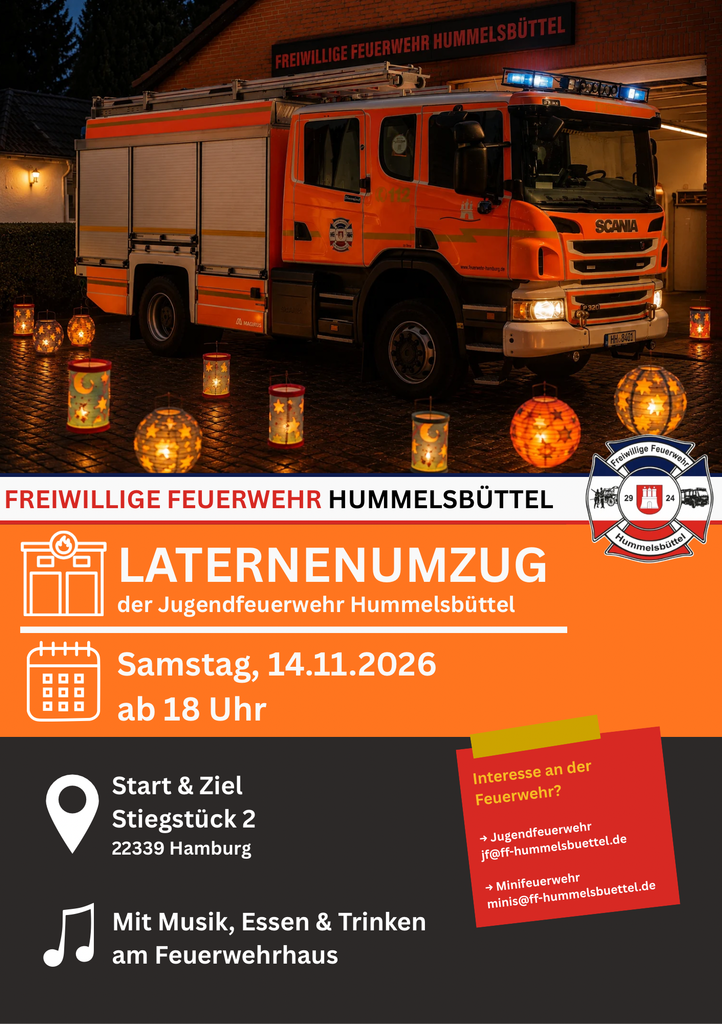 Flyer mit der Einladung zum Laternenumzug am 14. November ab 18 Uhr bei der Freiwilligen Feuerwehr Hummelsbüttel